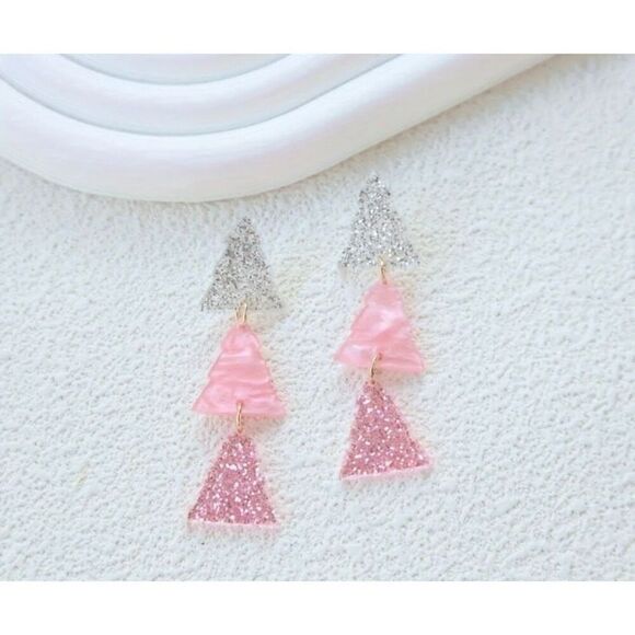 NWT 3 Tier Pink & Silver Glitter Bling Christmas Tree Dangle Earrings - Picture 2 of 6